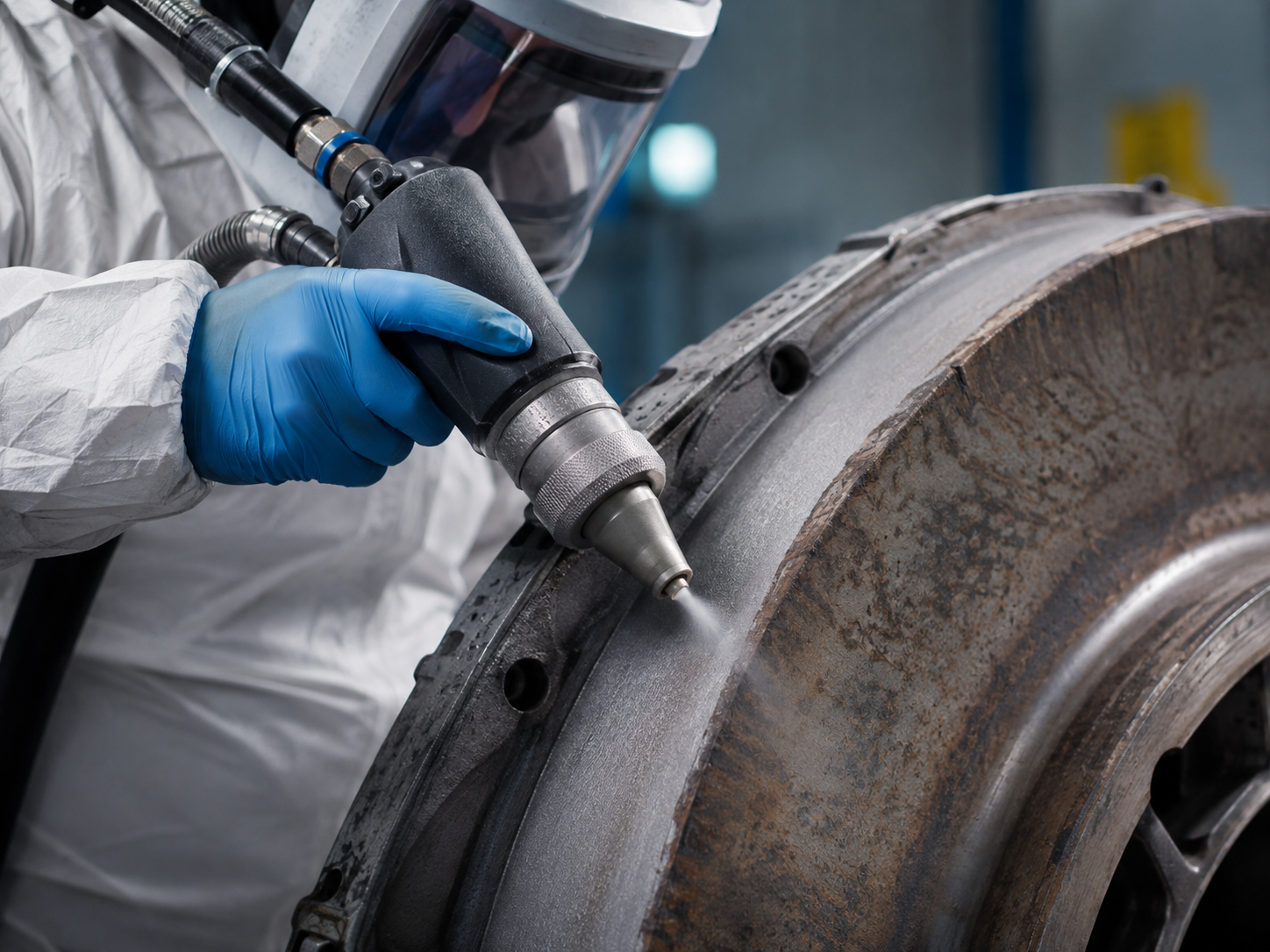 Technician performing controlled precision surface treatment